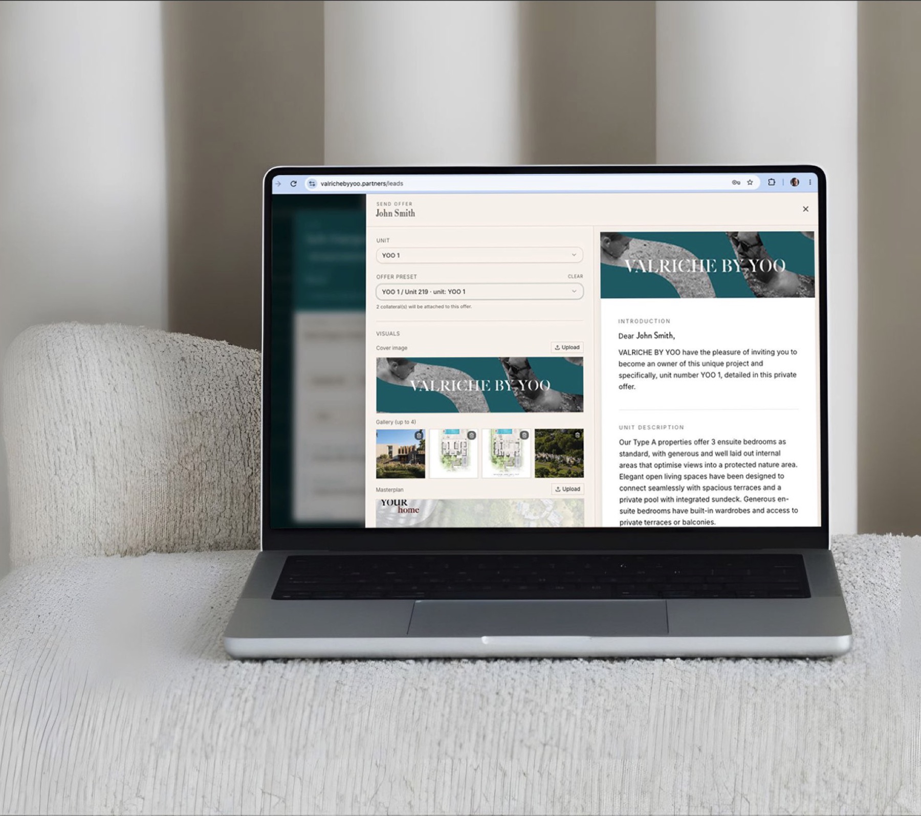 Laptop showing a branded VALRICHE BY YOO offer being prepared in DEBUT