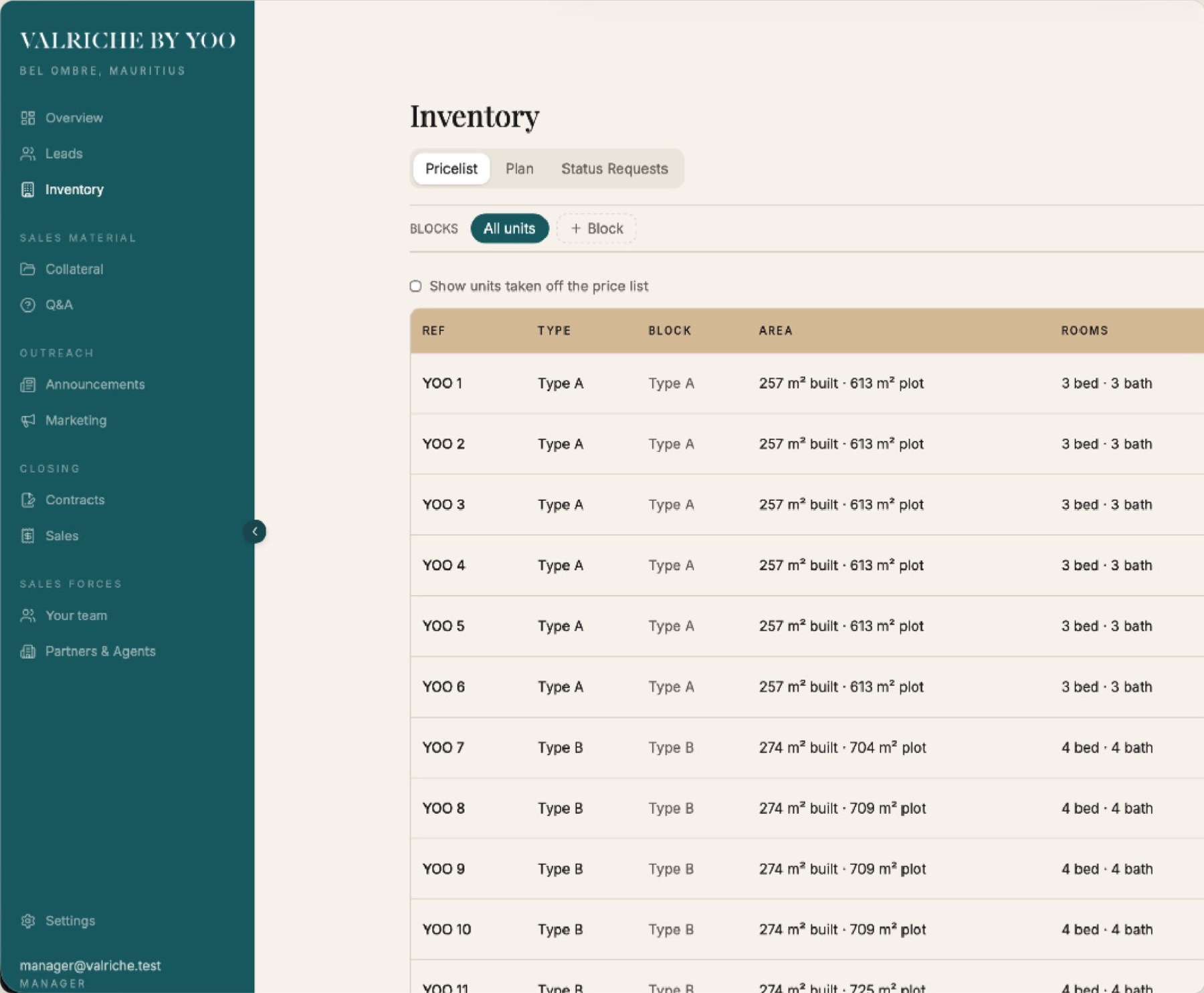 DEBUT inventory pricelist listing villas by reference, type, block, area and rooms