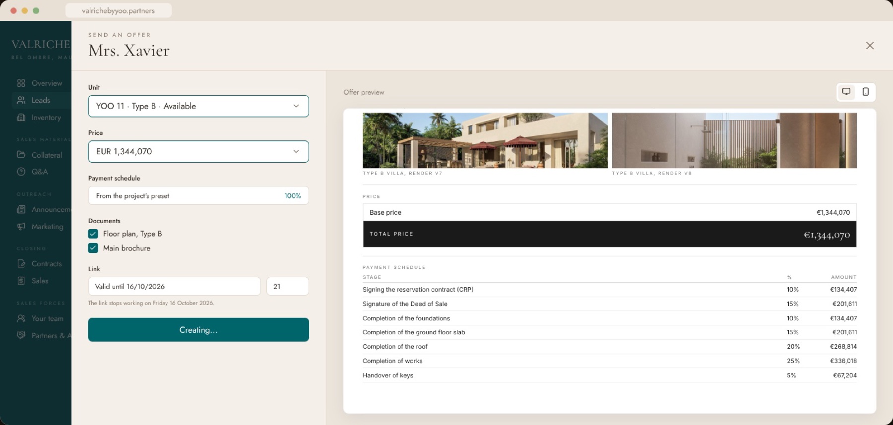 DEBUT offer composer with unit, payment schedule and documents on the left and a live offer preview on the right