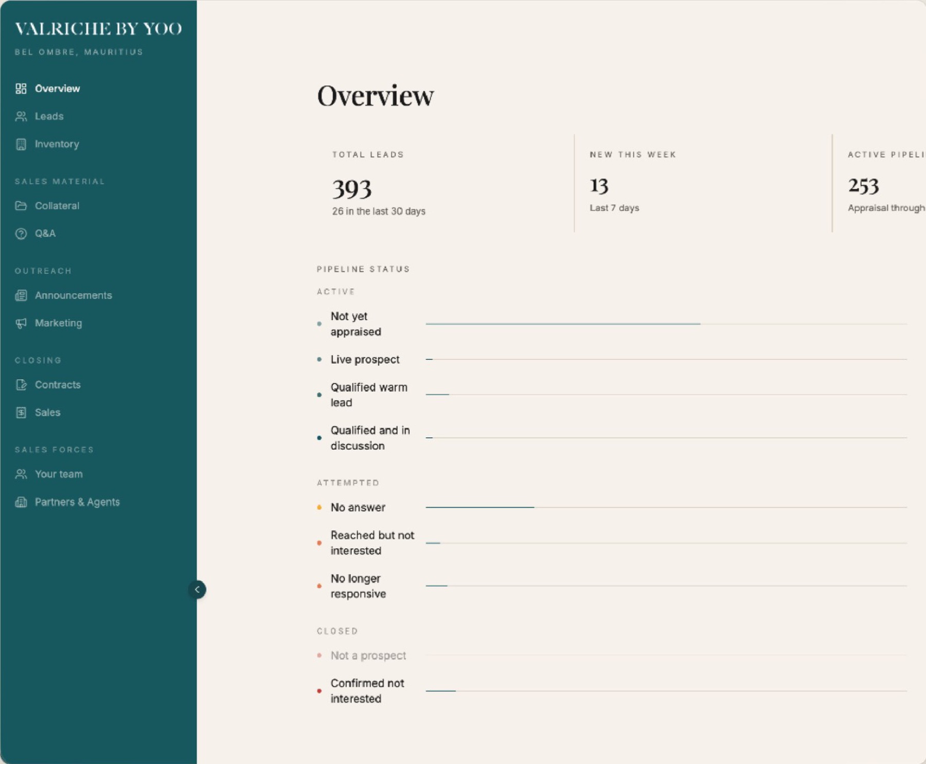 DEBUT overview dashboard for VALRICHE BY YOO showing total leads, new leads this week and pipeline by status