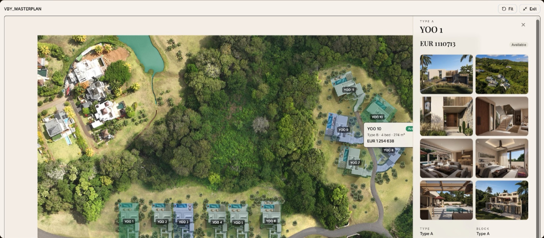 Interactive aerial masterplan of the estate with each villa labelled and a unit detail panel with its gallery