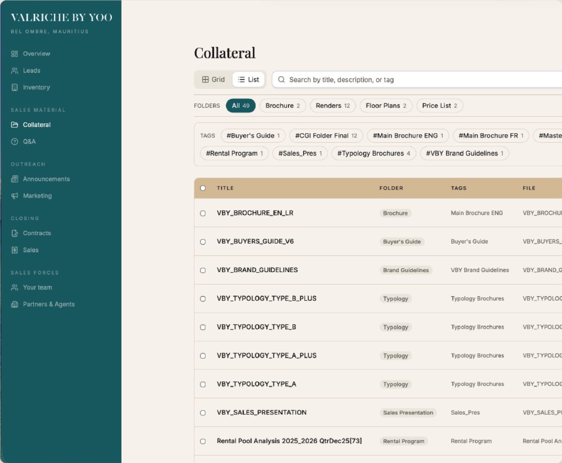 DEBUT collateral library listing brochures, typology plans and sales presentations with folders and tags