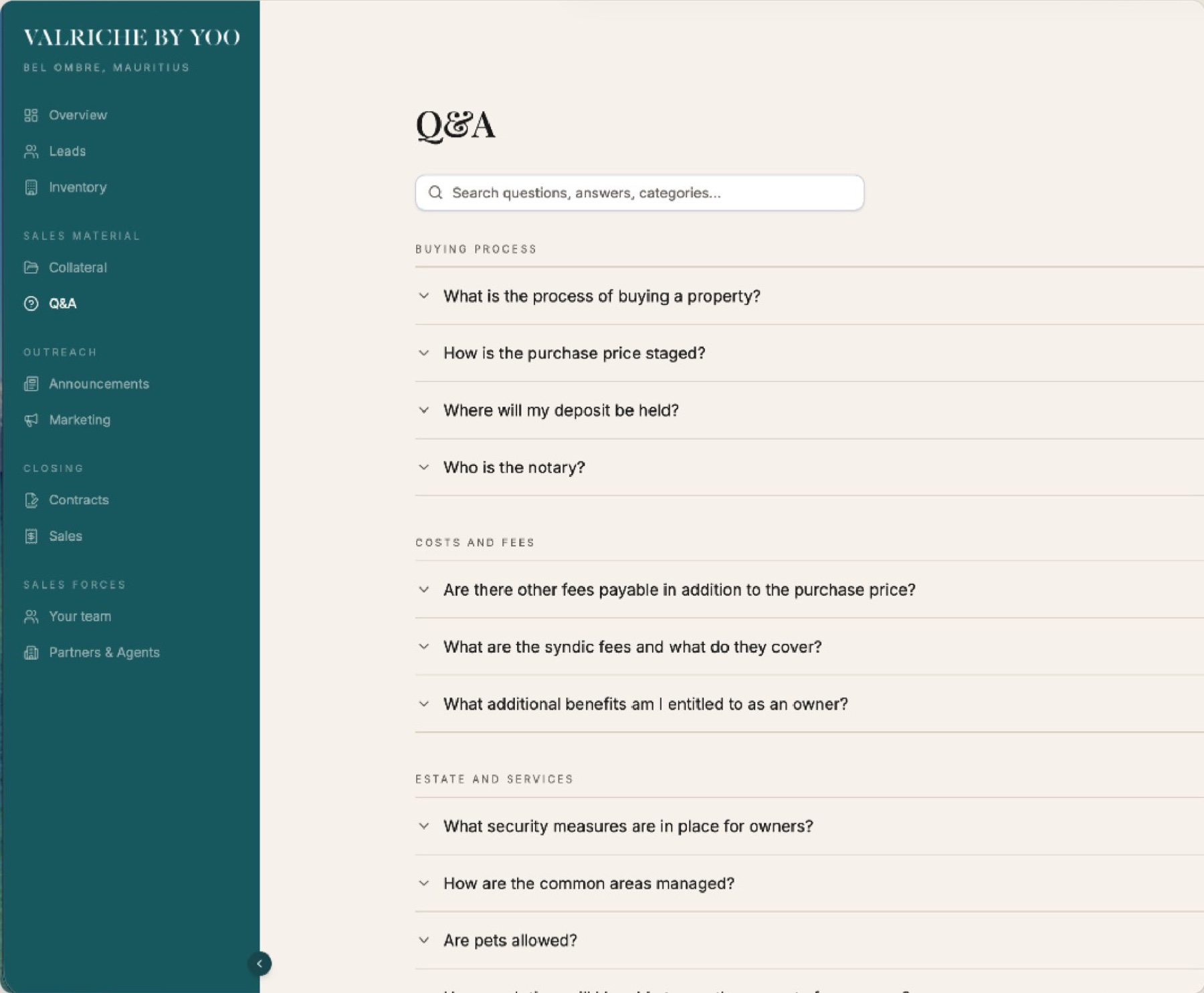 DEBUT Q&A module with searchable questions grouped by buying process, costs and fees, estate and services