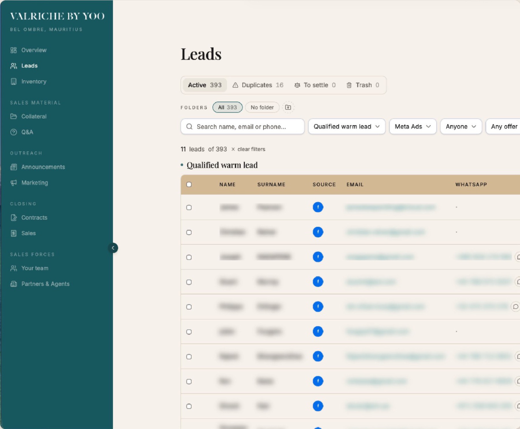DEBUT leads list filtered on qualified warm leads from Meta Ads, with buyer names and contacts blurred