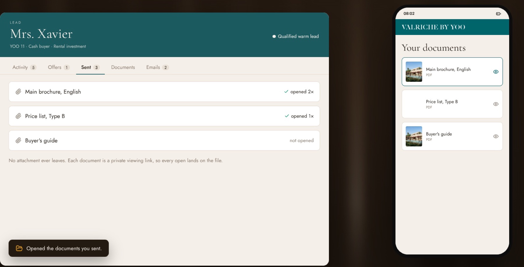Lead record listing sent documents, with the branded document viewer on a phone